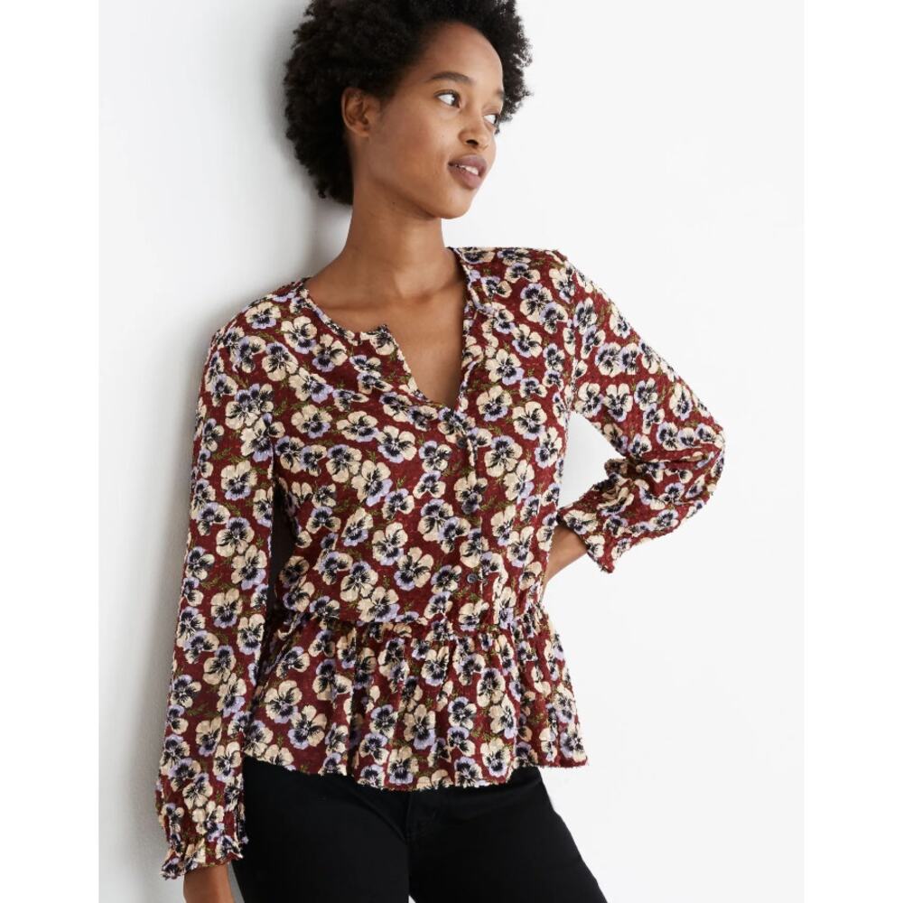 Madewell Drawstring Ruffle Hem Top in Viola Floral